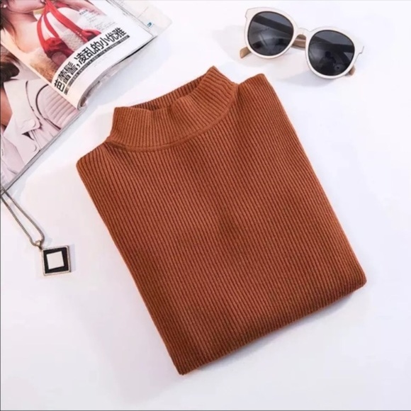 Burnt Orange Mock Neck Ribbed Turtleneck Sweater - Picture 3 of 4